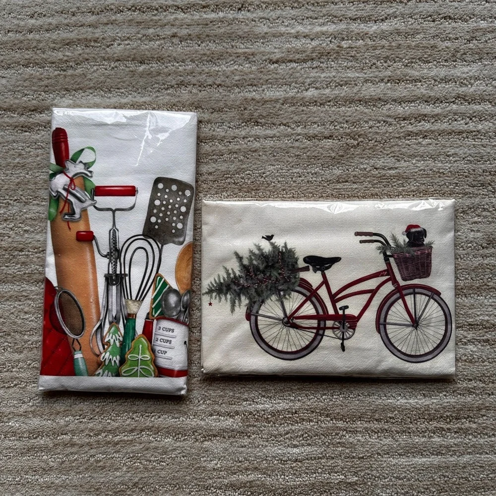 Mary Lake-Thompson Red Christmas Bike Black Labrador Dog Flour Sack Dish Towel